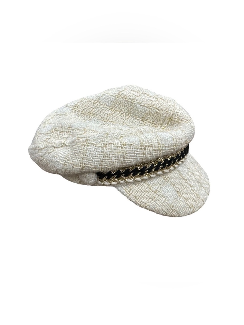 Women’s Cream Tweed Baker Boy Cap with Chain Trim